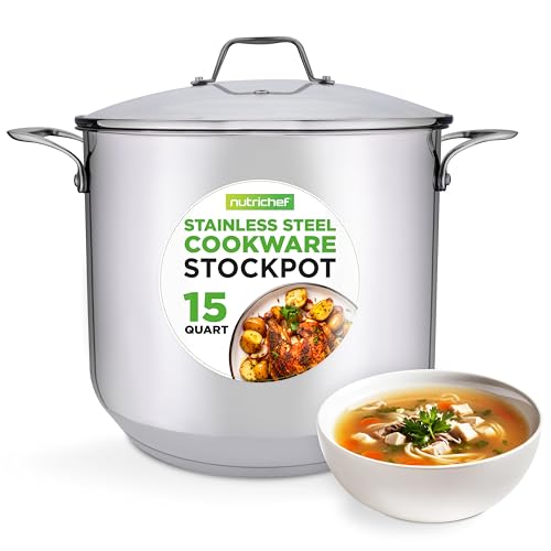 NutriChef Stainless Steel Stock Pot-18/8 Food Grade Heavy Duty Induction-Large, Stew, Simmering, Soup See Through Lid, Dishwasher Safe NCSP16, 15 Quart Pot