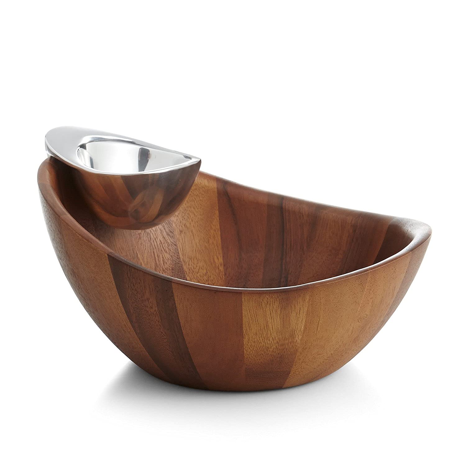 Harmony Chip and Dip Bowl - Measures at 12" x 6.5" - Made with Acacia Wood and Nambe Alloy