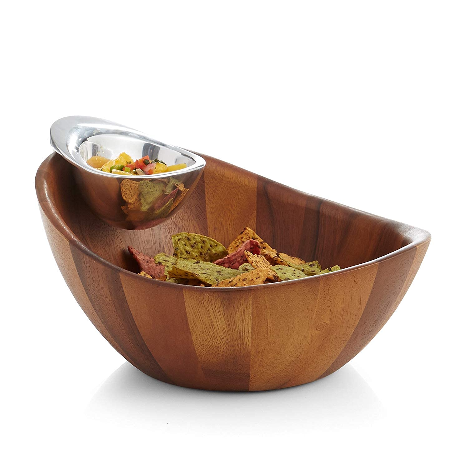 Nambe - Serveware Collection - Harmony Chip and Dip Bowl - Measures at 12" x 6.5" - Made with Acacia Wood and Nambe Alloy - Designed by Wei Young