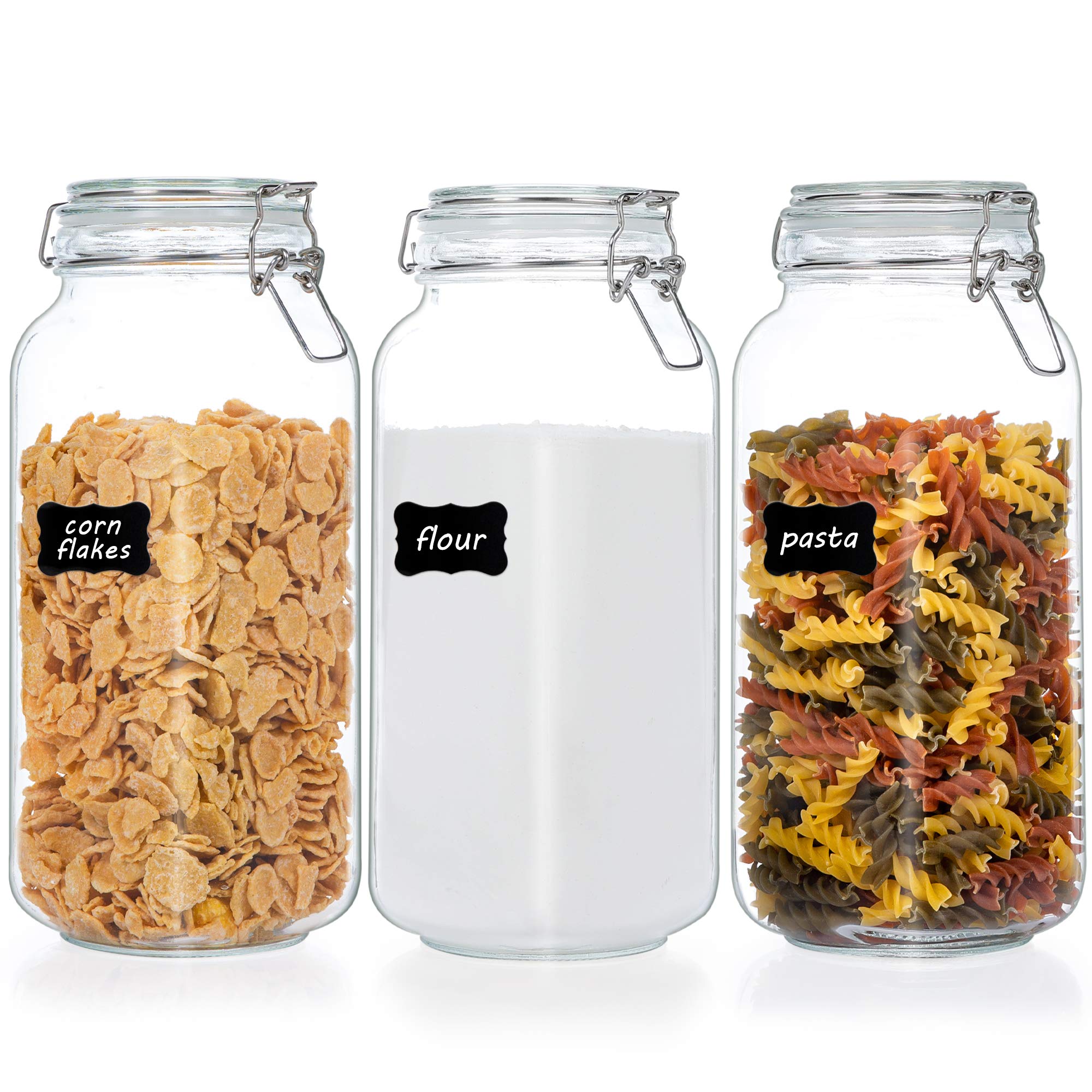 78oz Glass Food Storage Jars with Airtight Clamp Lids, 3 Pack Large Kitchen Canisters for Flour, Cereal, Coffee, Pasta and Canning, Square Mason Jars with 8 Chalkboard Labels