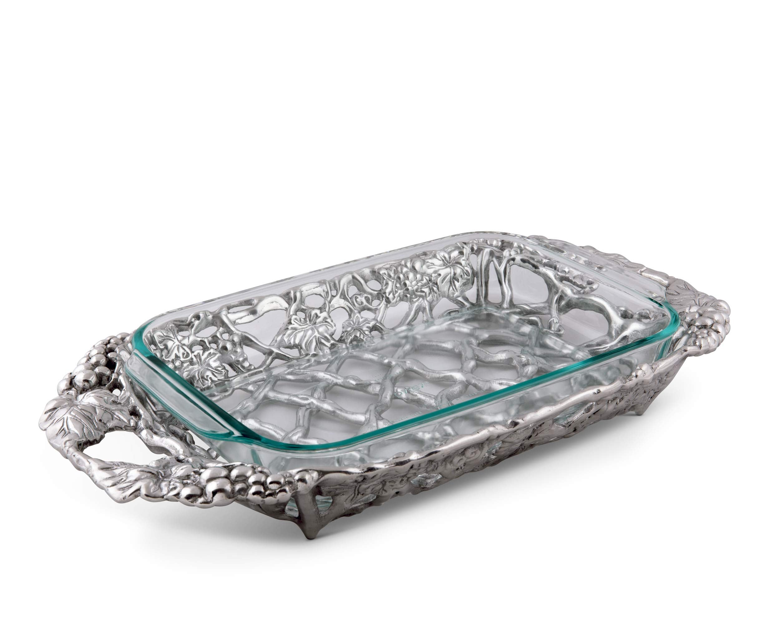 Arthur Court Metal Pyrex Glass Casserole Dish Holder Grape Pattern Sand Casted in Aluminum with Artisan Quality Hand Polished Design Tarnish-Free 21 inch Long 3 Quart Removable Glass Dish Included