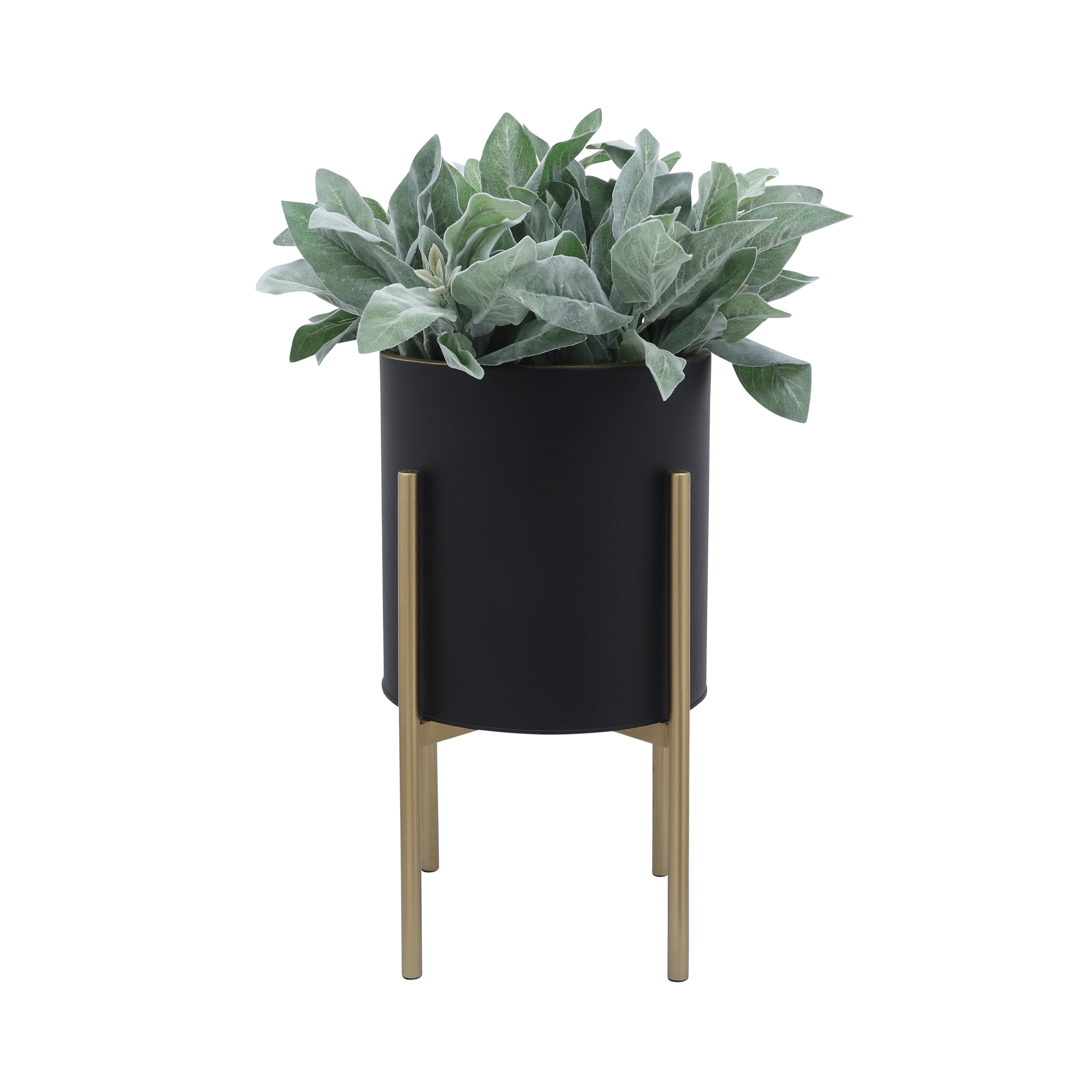 Set of 2 Planters On Metal Stand, Black/Gold, Planters