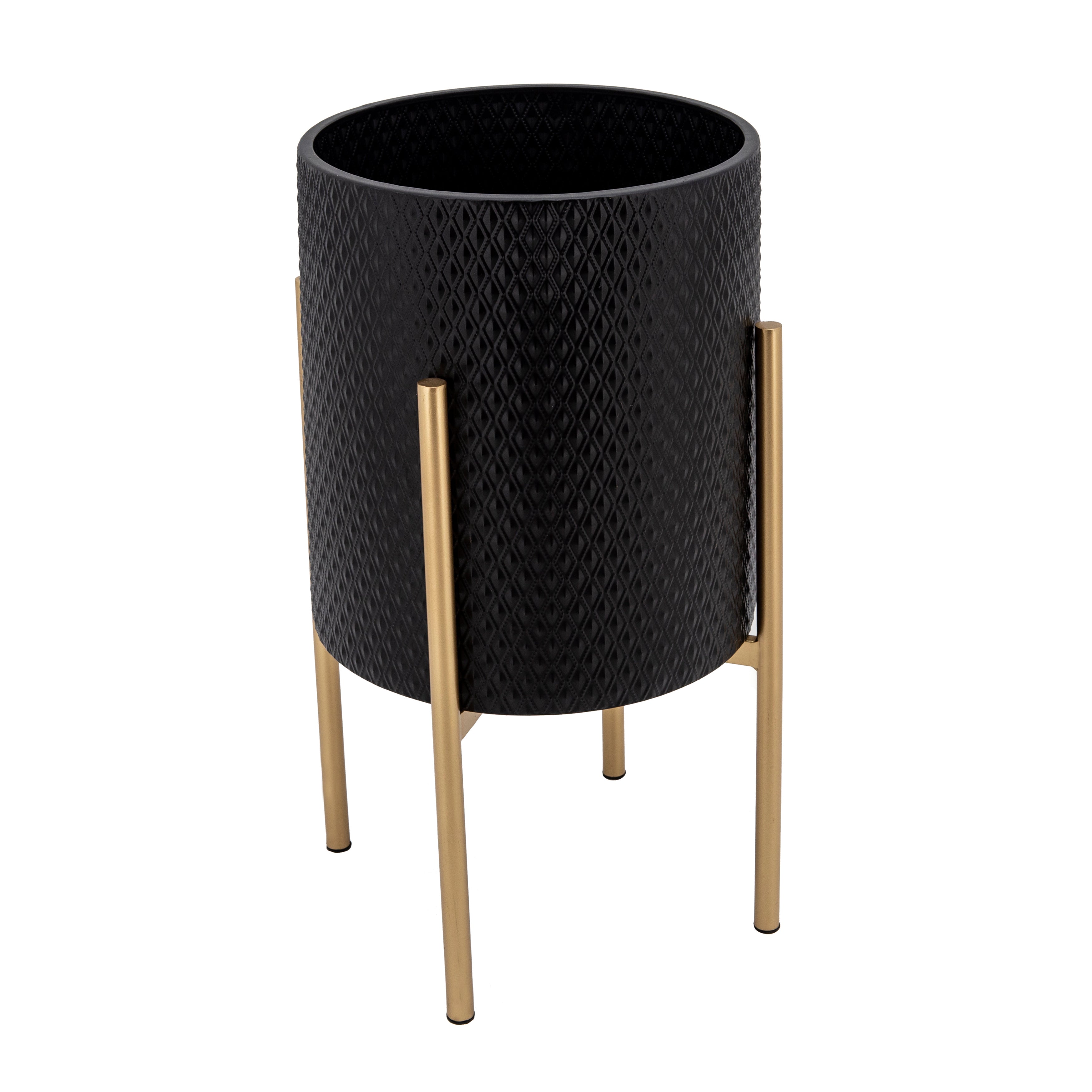 Set of 2 Textured Planter On Stand, Black/Gold, Planters