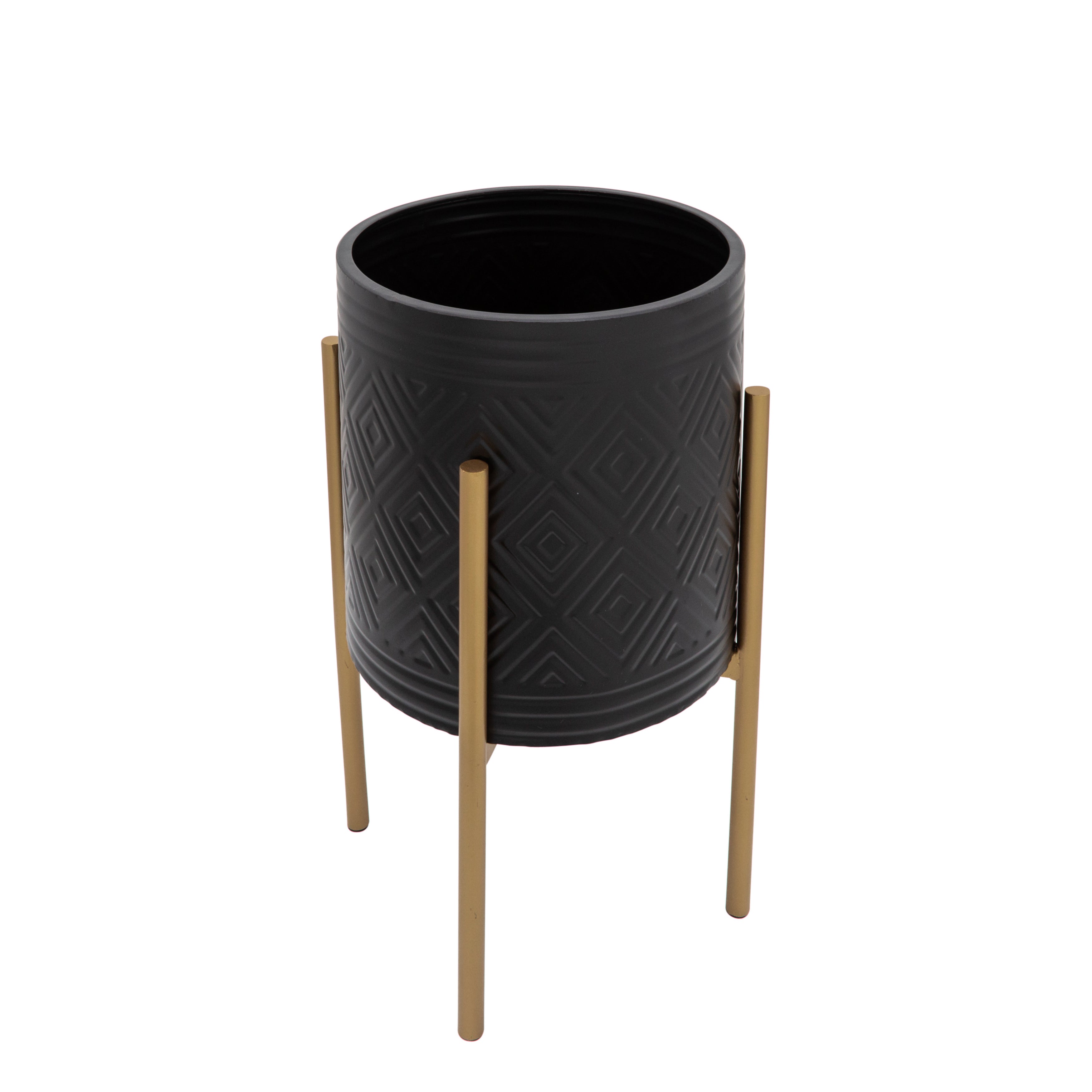 Set of 2 Aztec Planters On Stand, Black/Gold, Planters