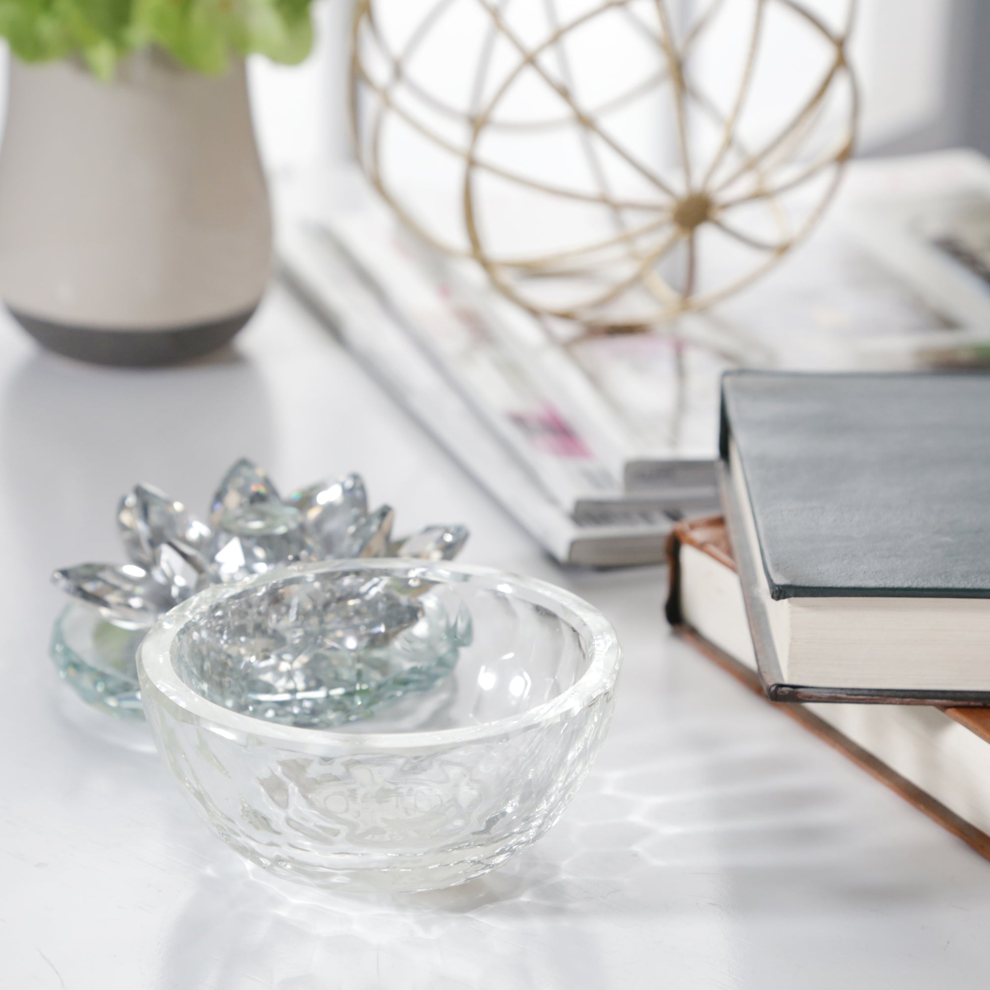 Glass Trinket Box Clear with Silver Lotus Top, Boxes
