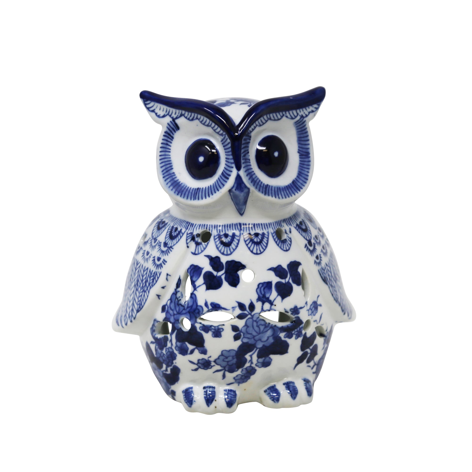 White/Blue Ceramic Owl 8", Figurines