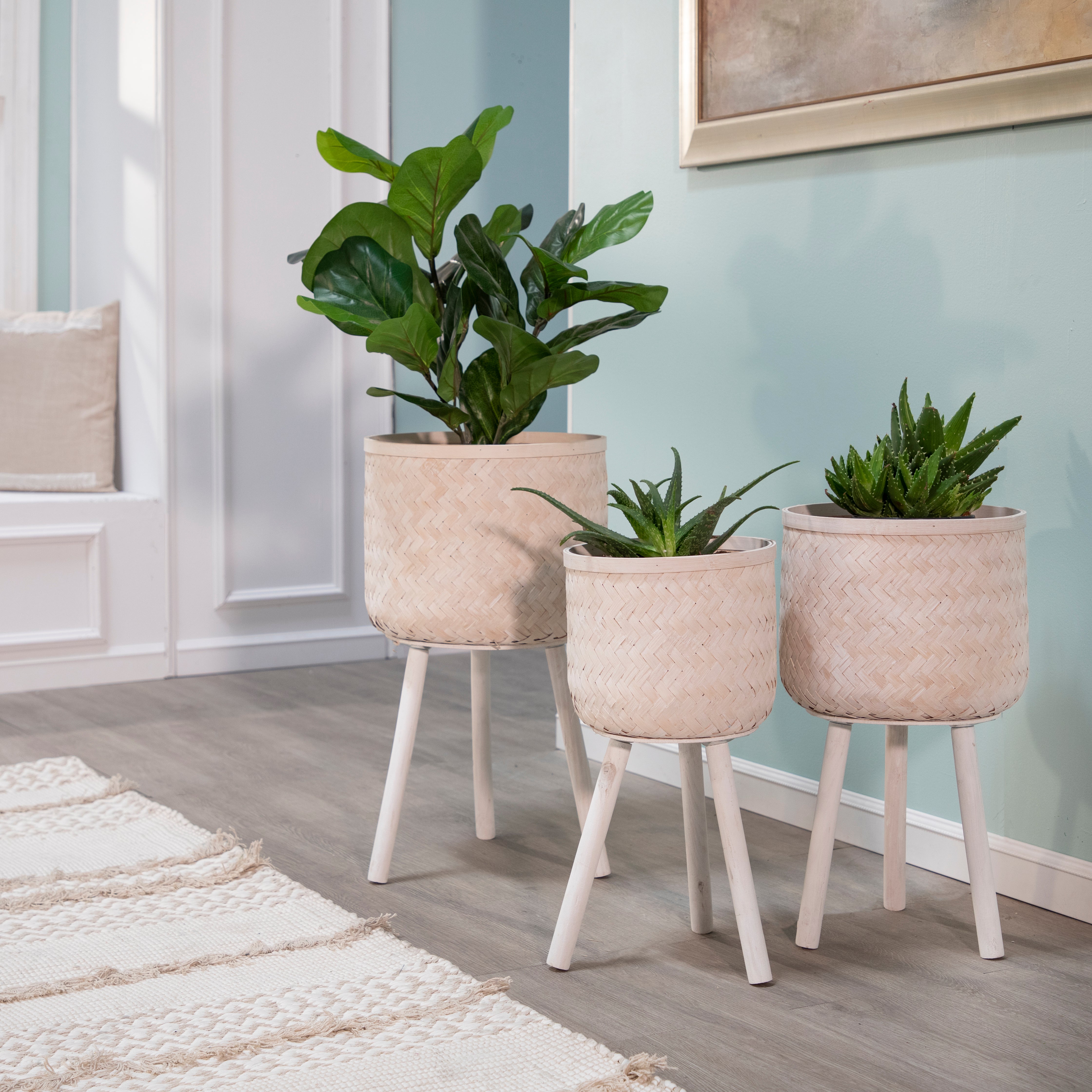 Set of 3 Bamboo Planters White Wash, Planters