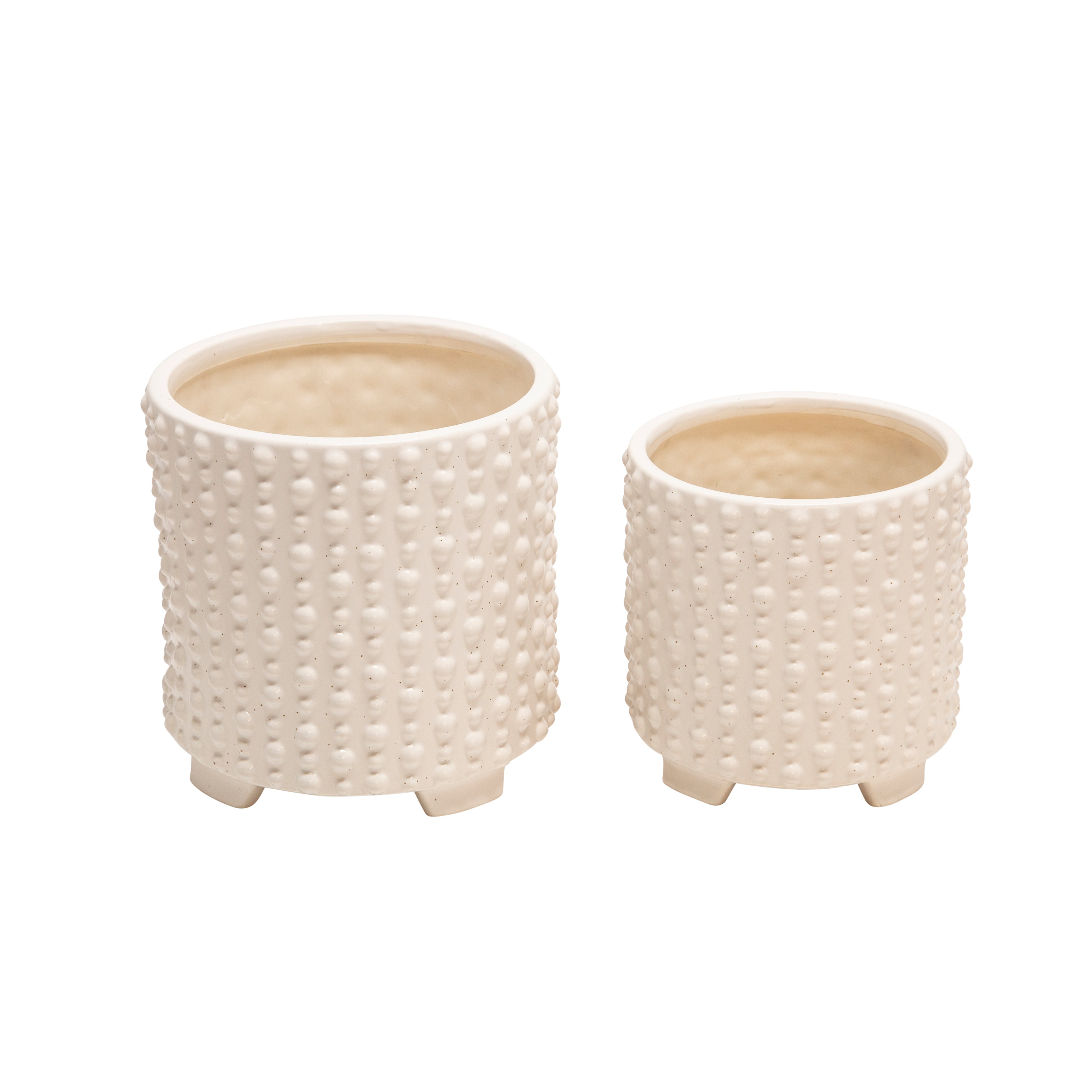 Set of 2 Ceramic Footed Planters with Dots, White, Planters