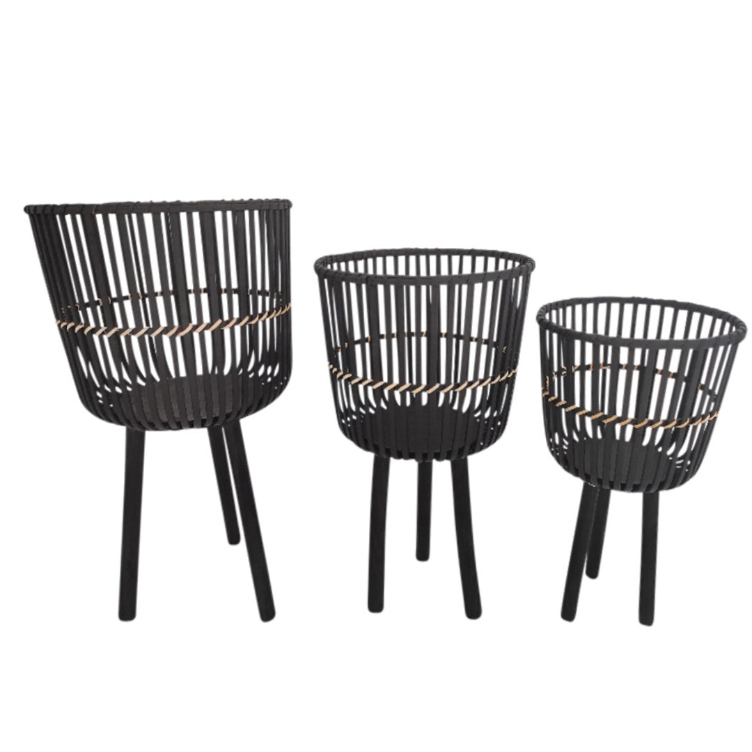 Set of 3 Bamboo Footed Planters, Black, Planters