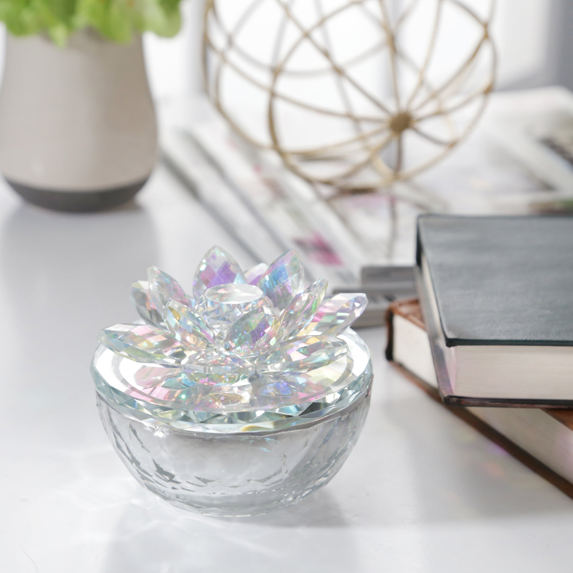 Crystal Lotus 5" Trinket Jar, Rainbow, Boxes