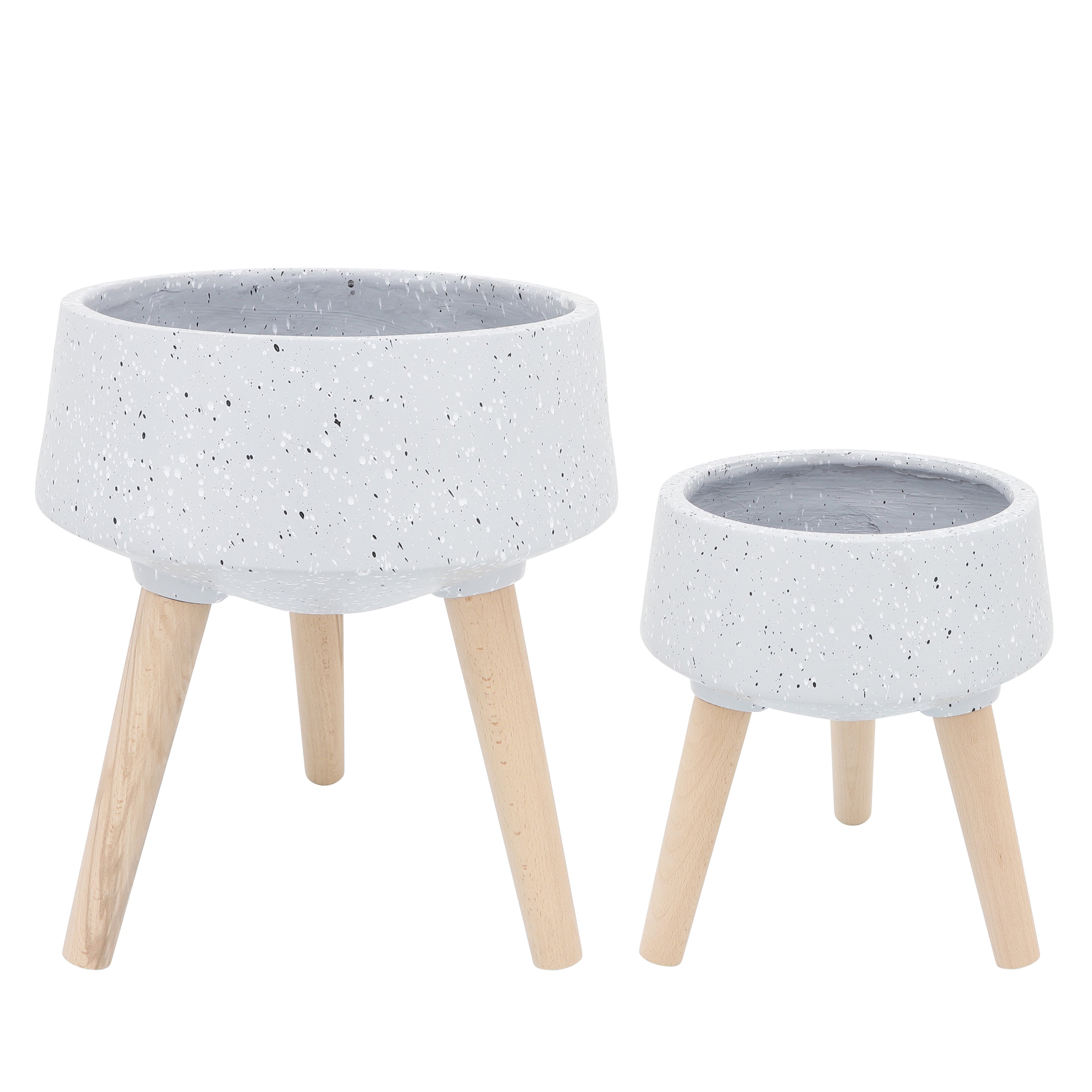 Set of 2 Terrazzo Planters with Wood Legs, Gray, Planters