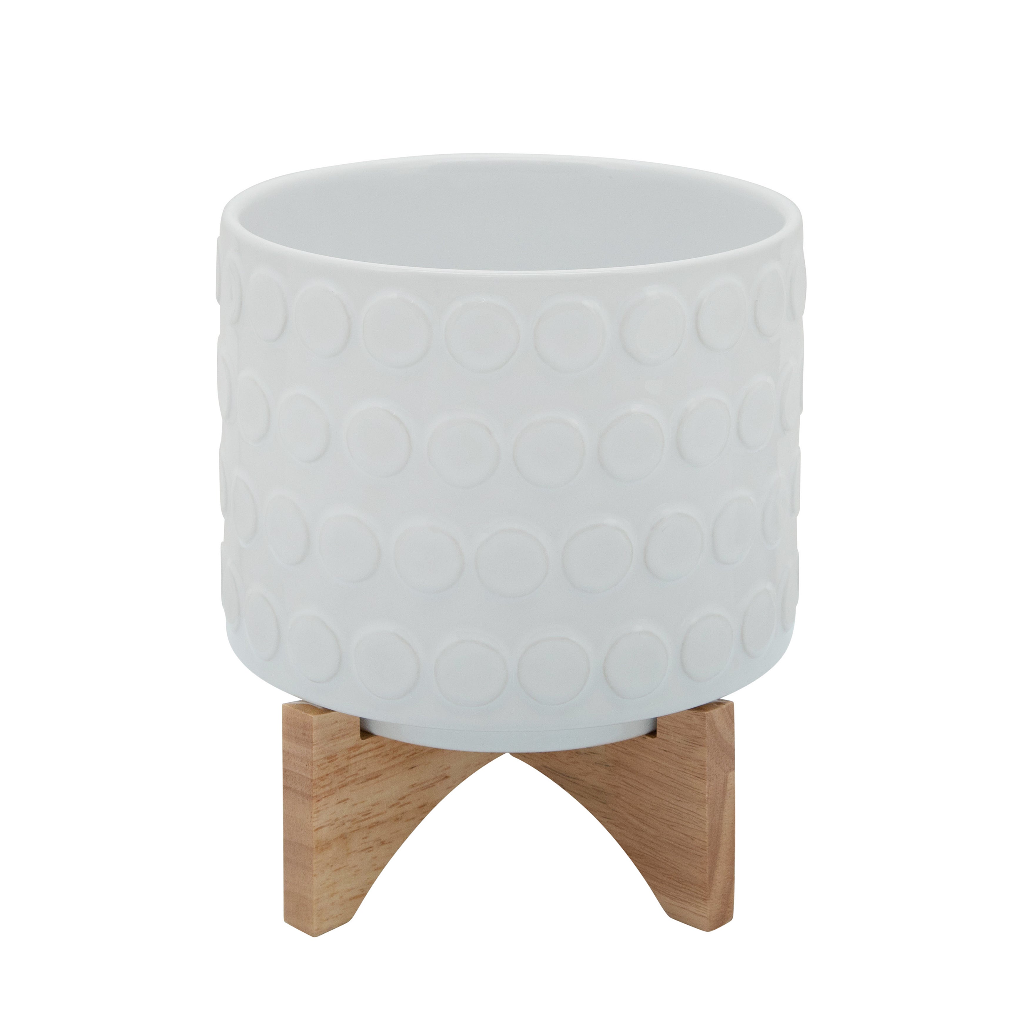 Ceramic 8" Planter On Wooden Stand, White, Planters