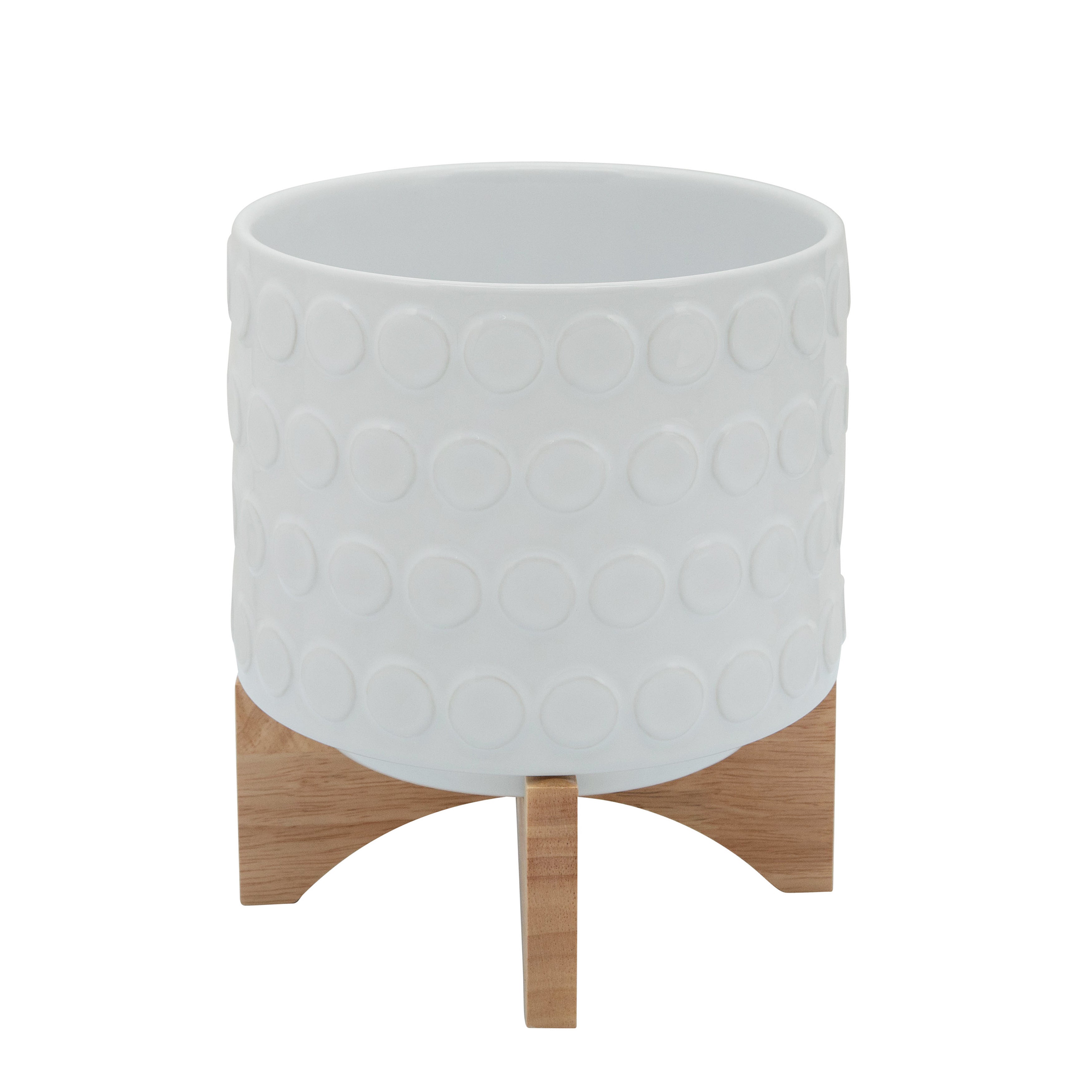 Ceramic 8" Planter On Wooden Stand, White, Planters