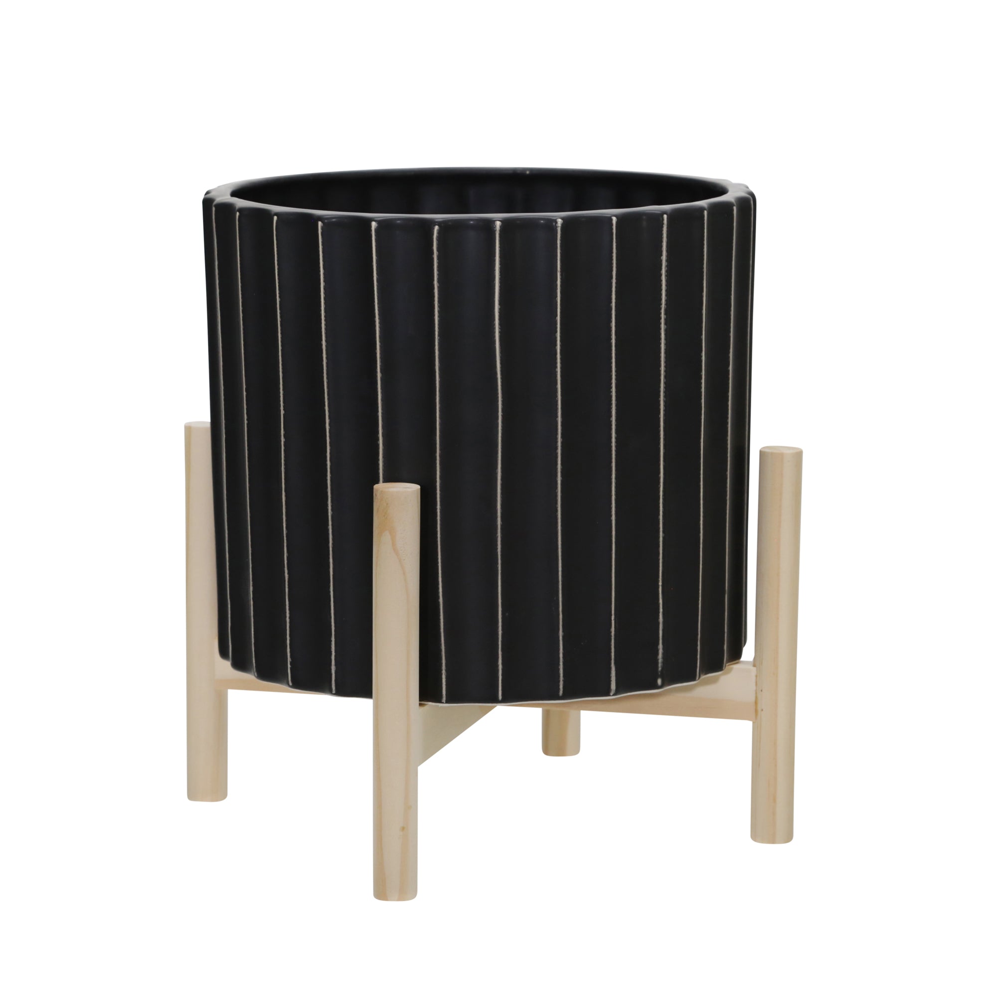 12" Fluted Planter with Wood Stand, Black, Planters