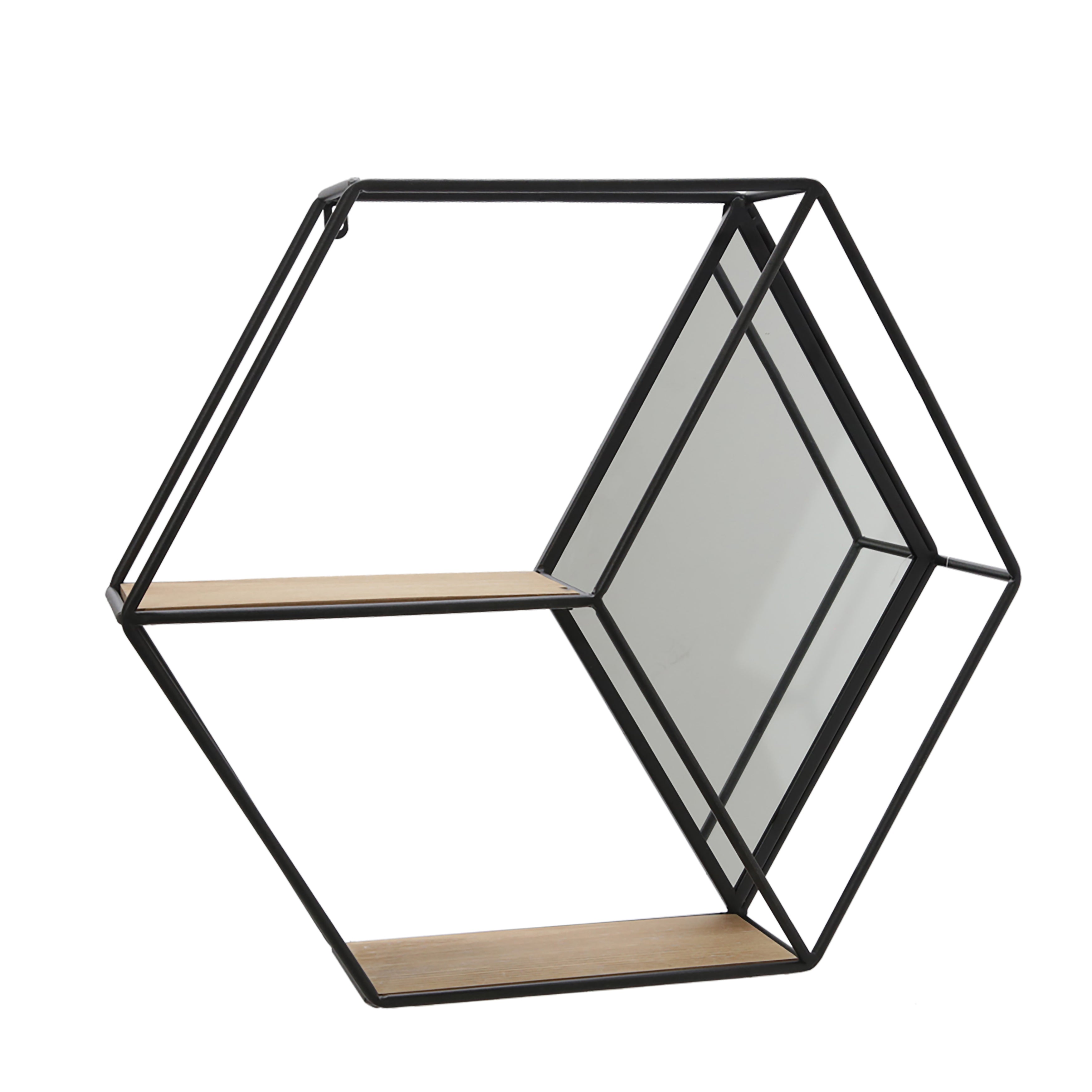 20" Hexagon Mirrored Wall Shelf, Black, Wall Storage