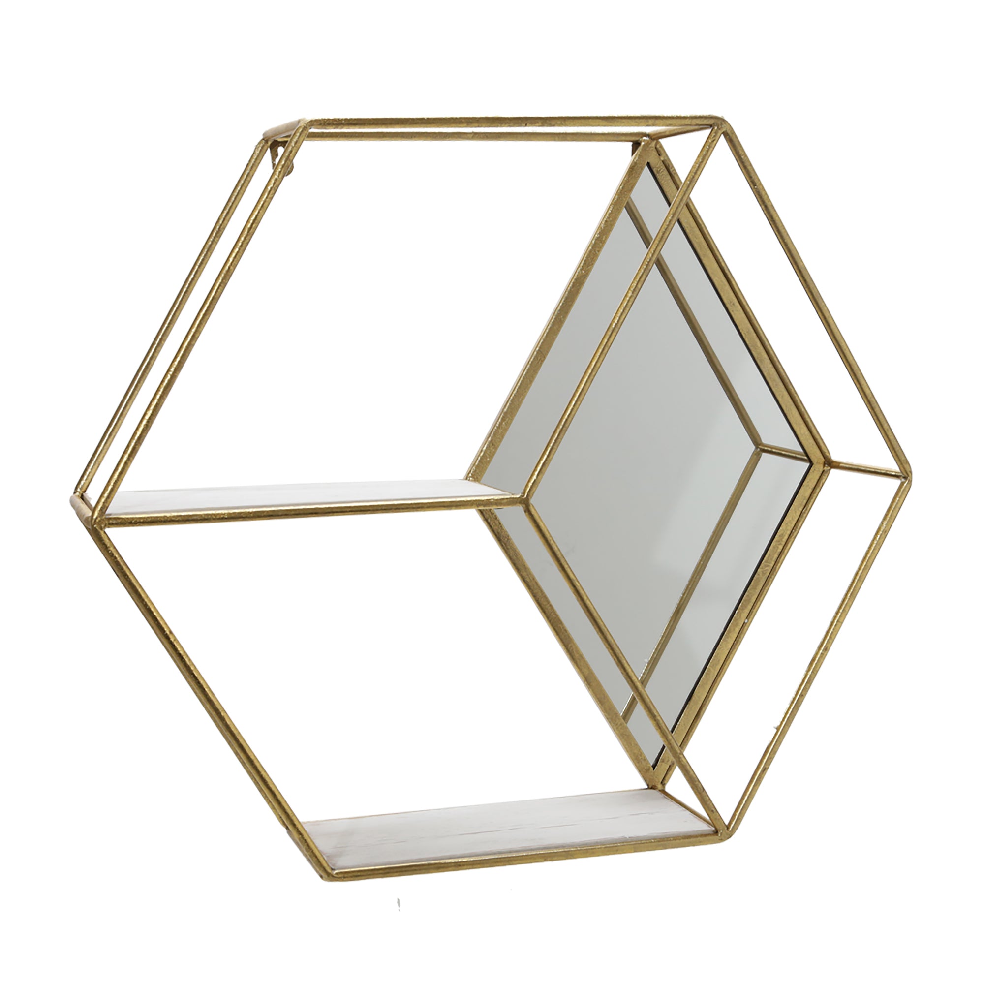 20" Hexagon Mirrored Wall Shelf, Gold, Wall Storage