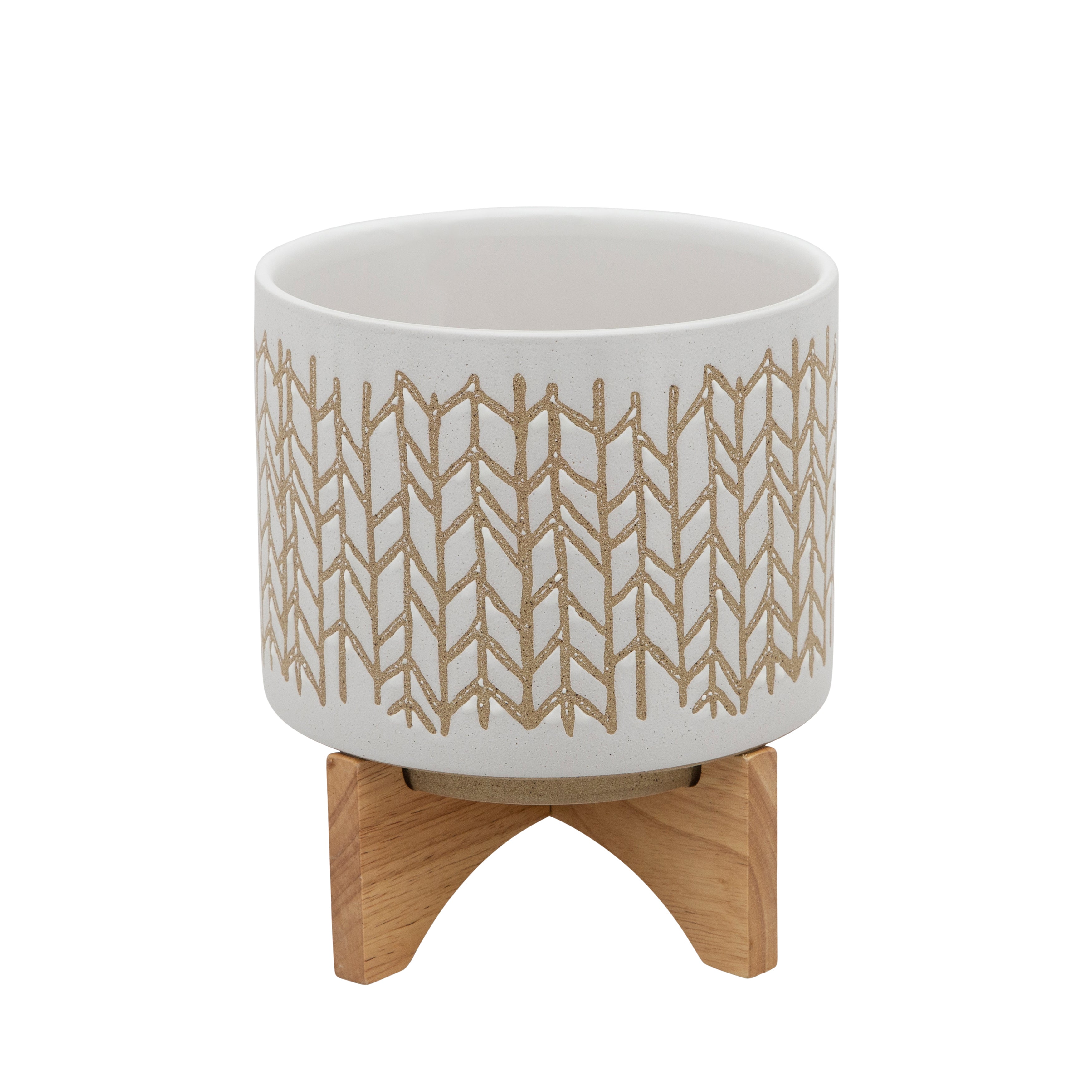 8" Chevron Planter with Wood Stand, Beige, Planters