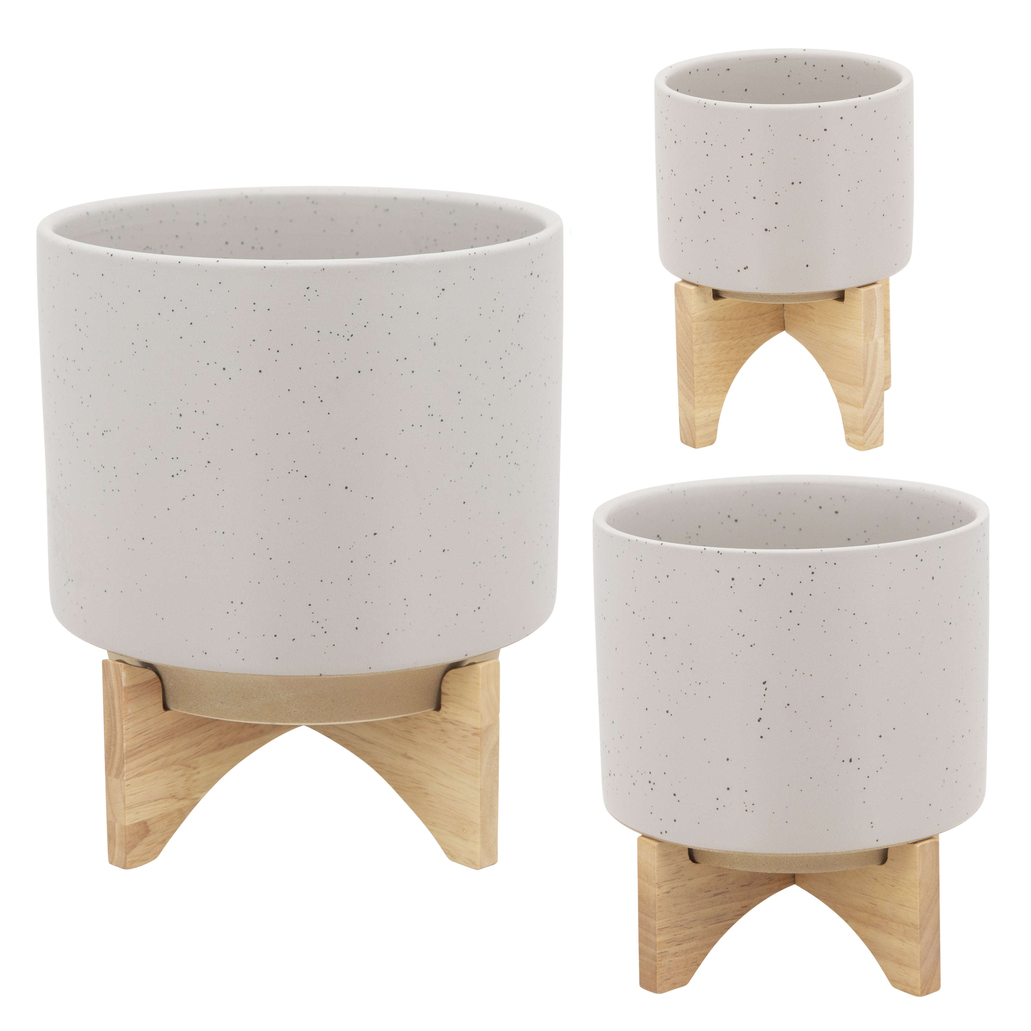 8" Planter with Wood Stand, Matte Beige, Planters