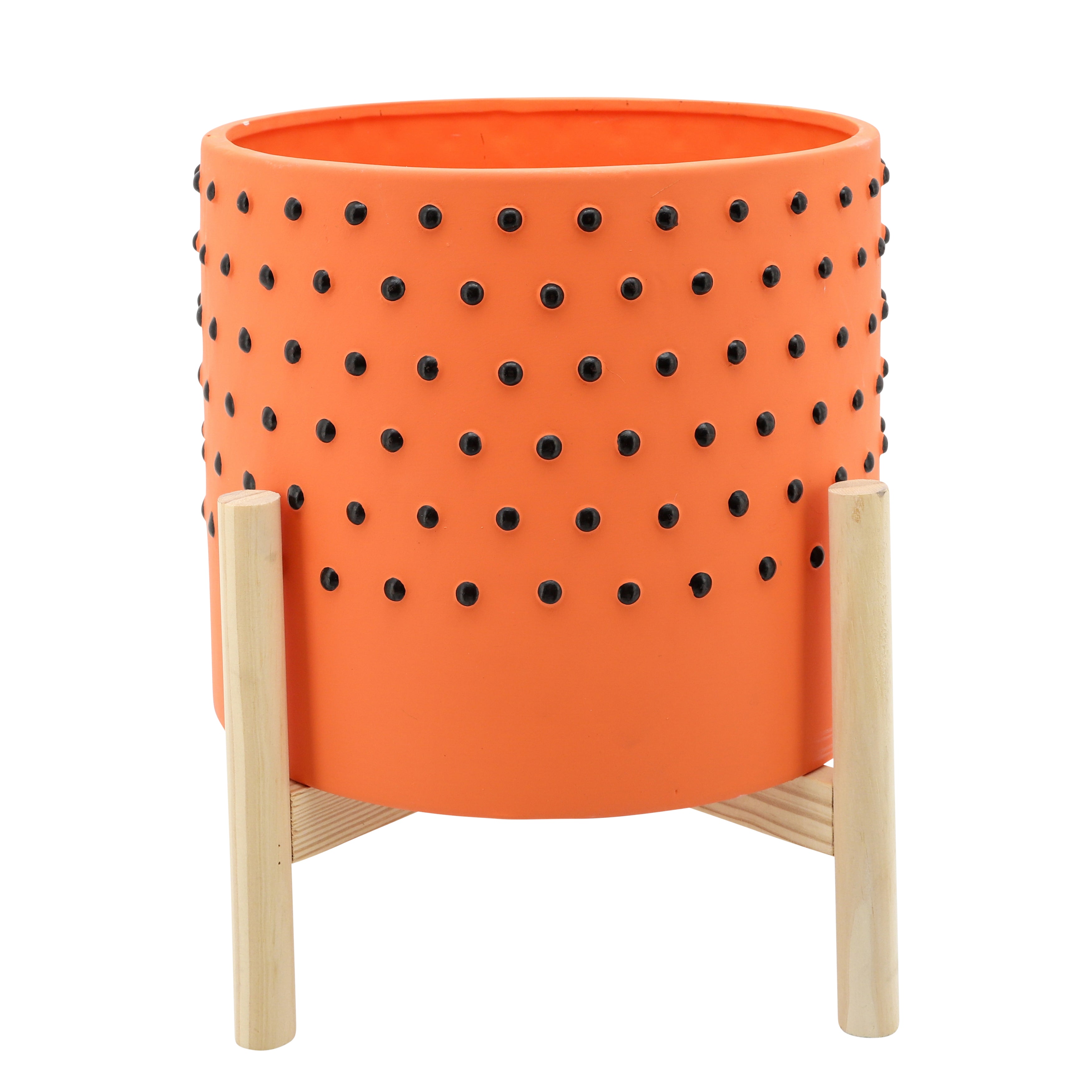 10" Dotted Planter with Wood Stand, Orange, Planters