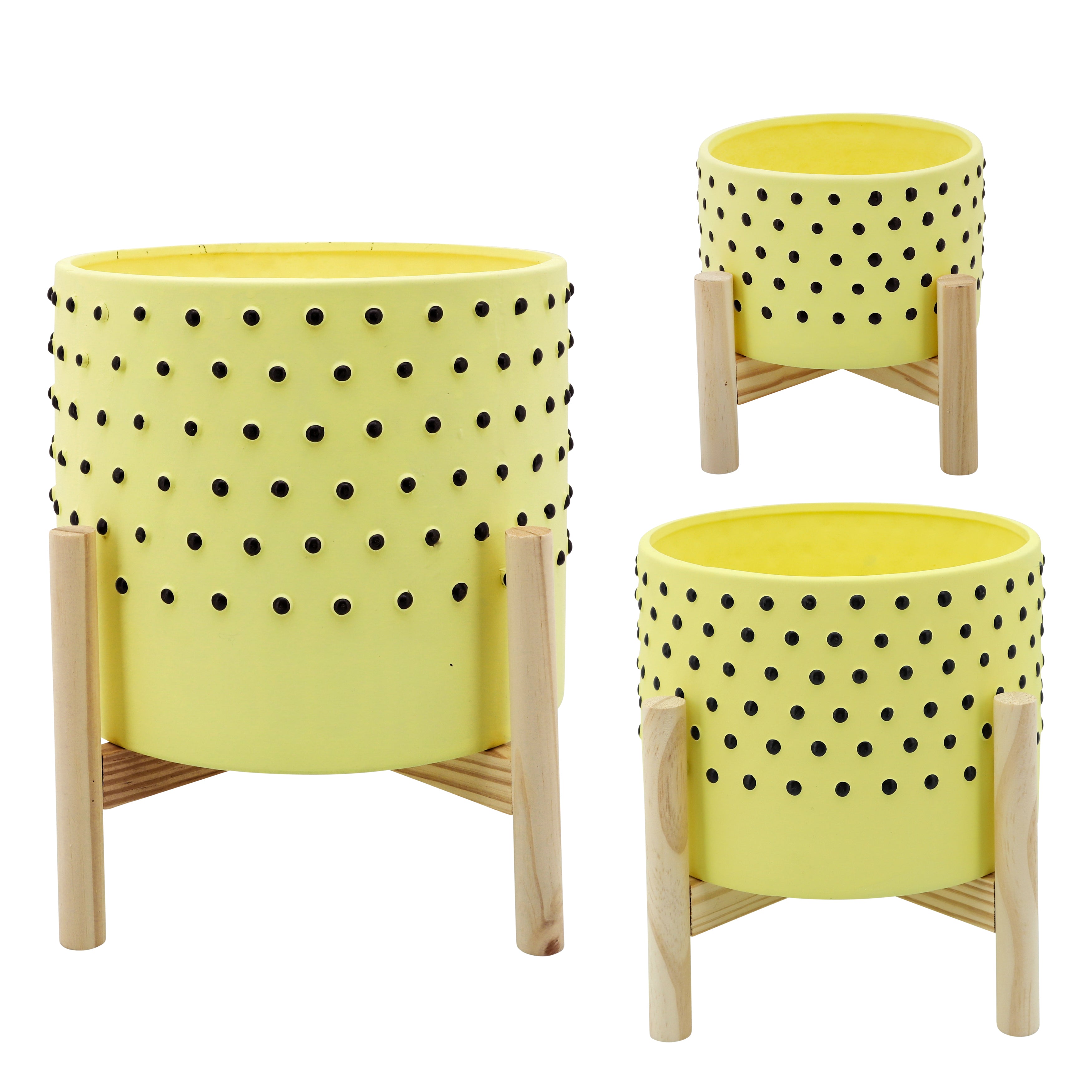 10" Dotted Planter with Wood Stand, Yellow, Planters