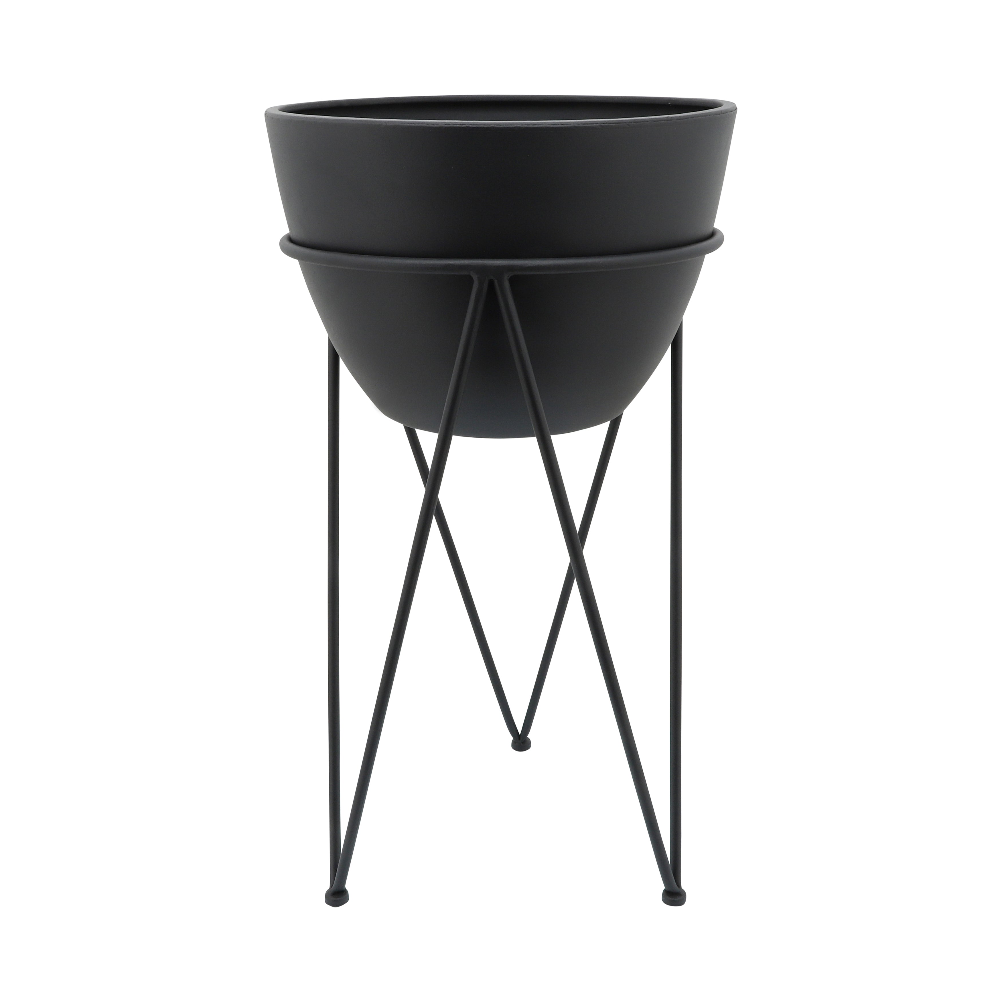 Metal 14" Planter In Stand, Black, Planters