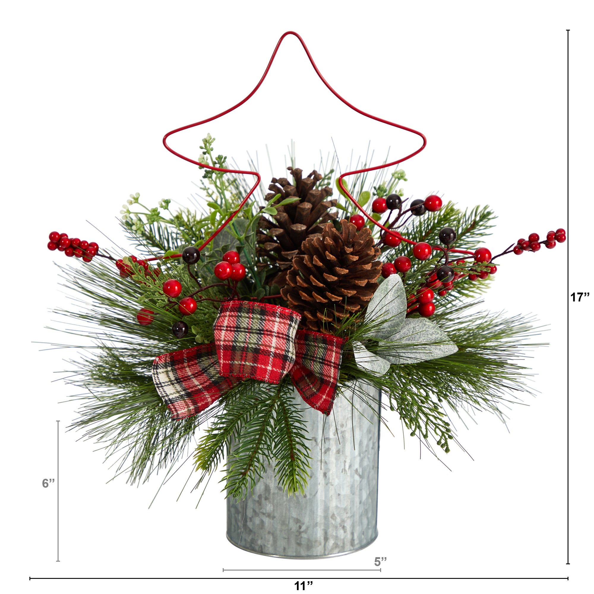 17"� Pinecone and Berries Artificial Christmas Arrangement with Decorative Metal Vase and Wrired Red Christmas Tree