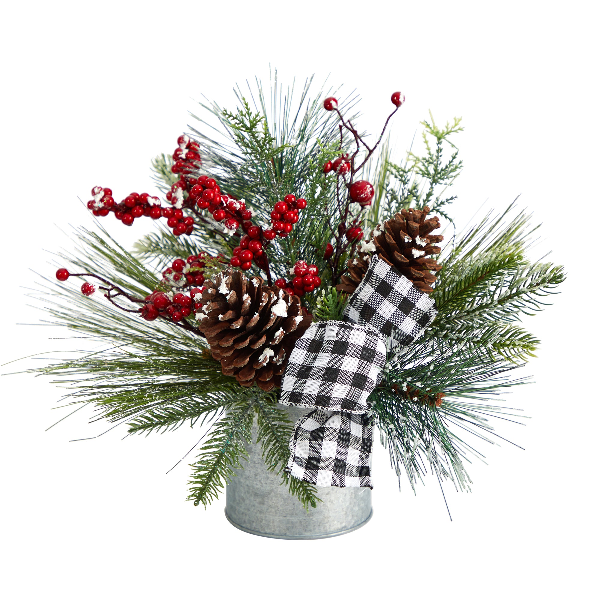 12"� Frosted Pinecones and Berries Artificial Arrangement in Vase with Decorative Plaid Bow