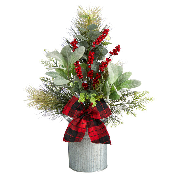 20" Holiday Winter Greenery, Pinecone and Berries with Buffalo Plaid Bow Artificial Christmas Table Arrangement