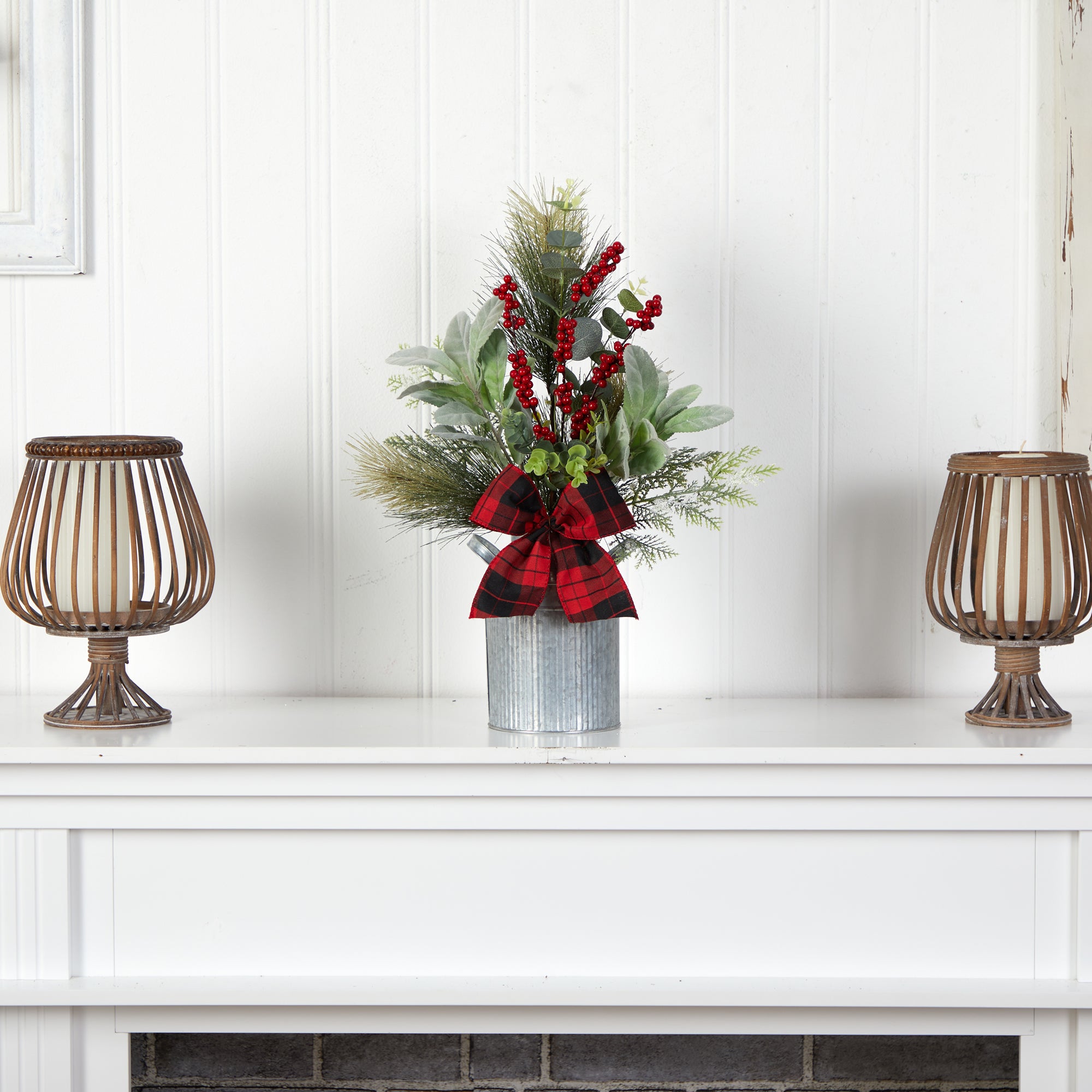 20" Holiday Winter Greenery, Pinecone and Berries with Buffalo Plaid Bow Artificial Christmas Table Arrangement
