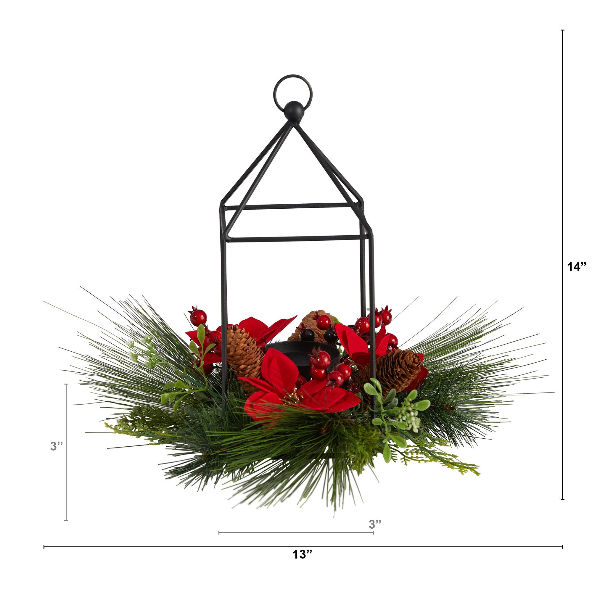 14"� Christmas Poinsettia, Berry and Pinecone Metal Candle Holder Christmas Artificial Table Arrangement