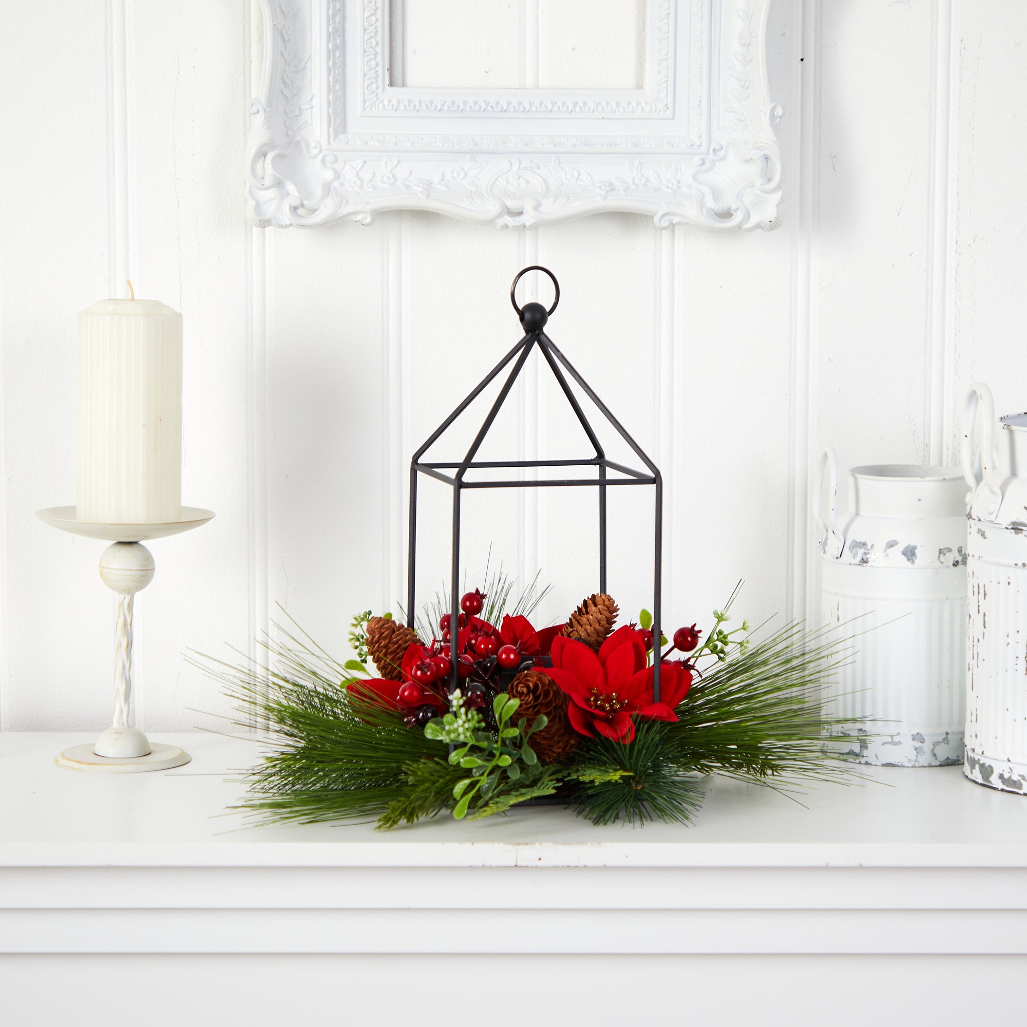 14"� Christmas Poinsettia, Berry and Pinecone Metal Candle Holder Christmas Artificial Table Arrangement