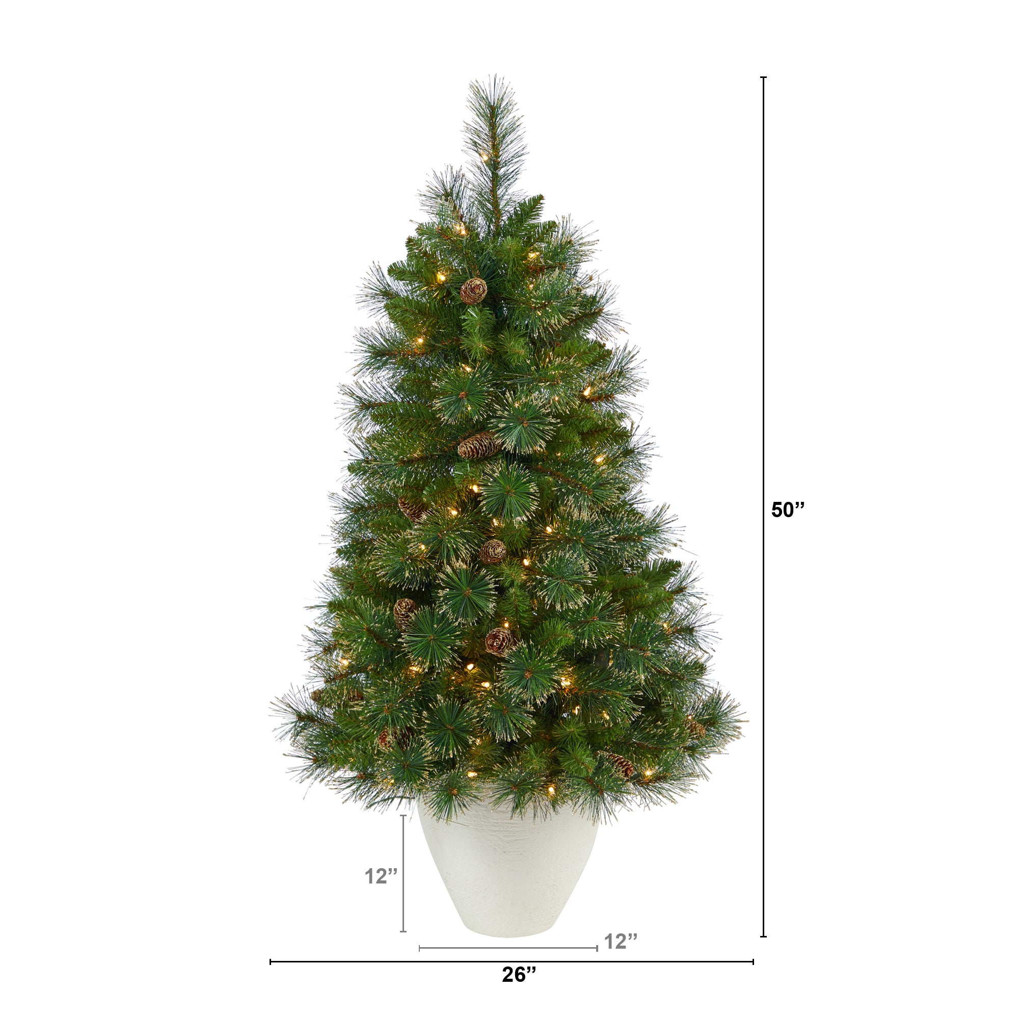 50"� Golden Tip Washington Pine Artificial Christmas Tree with 100 Clear Lights, Pine Cones and 336 Bendable Branches in White Planter