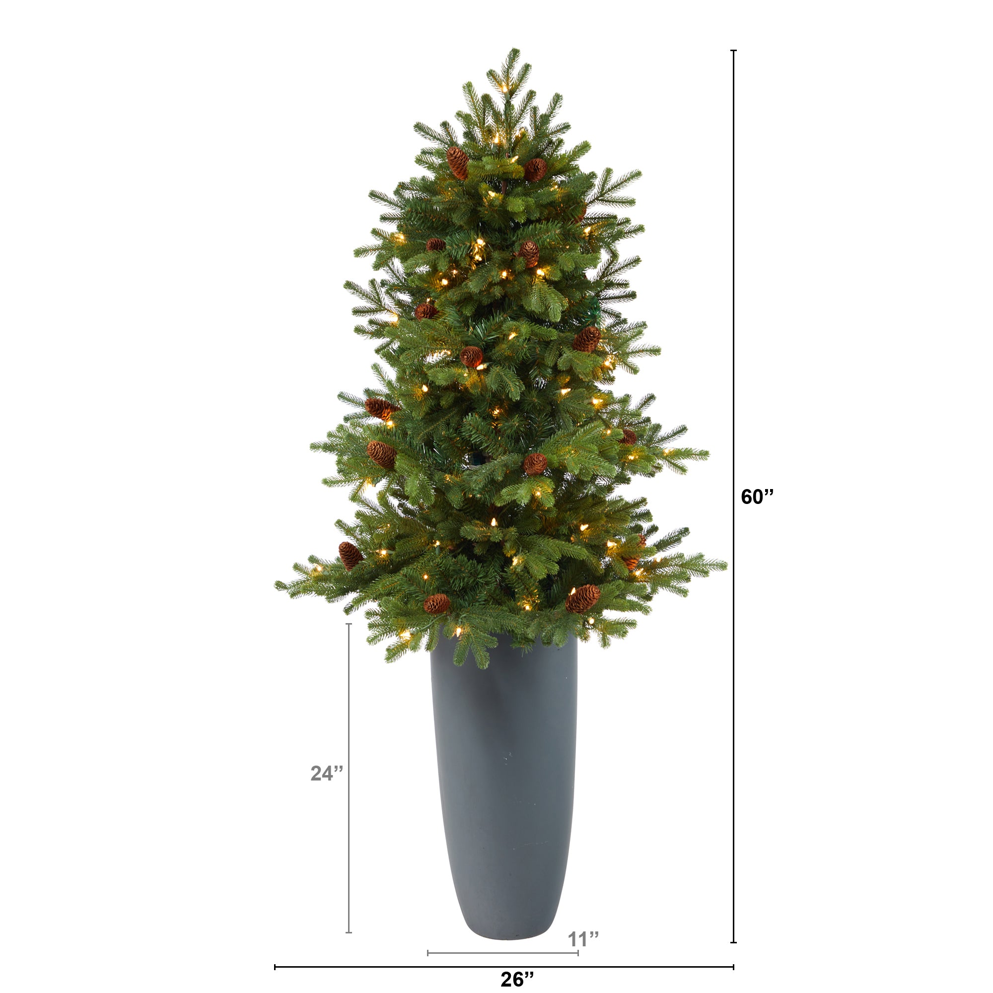 5' Yukon Mountain Fir Artificial Christmas Tree with 100 Clear Lights, Pine Cones and 386 Bendable Branches in Gray Planter