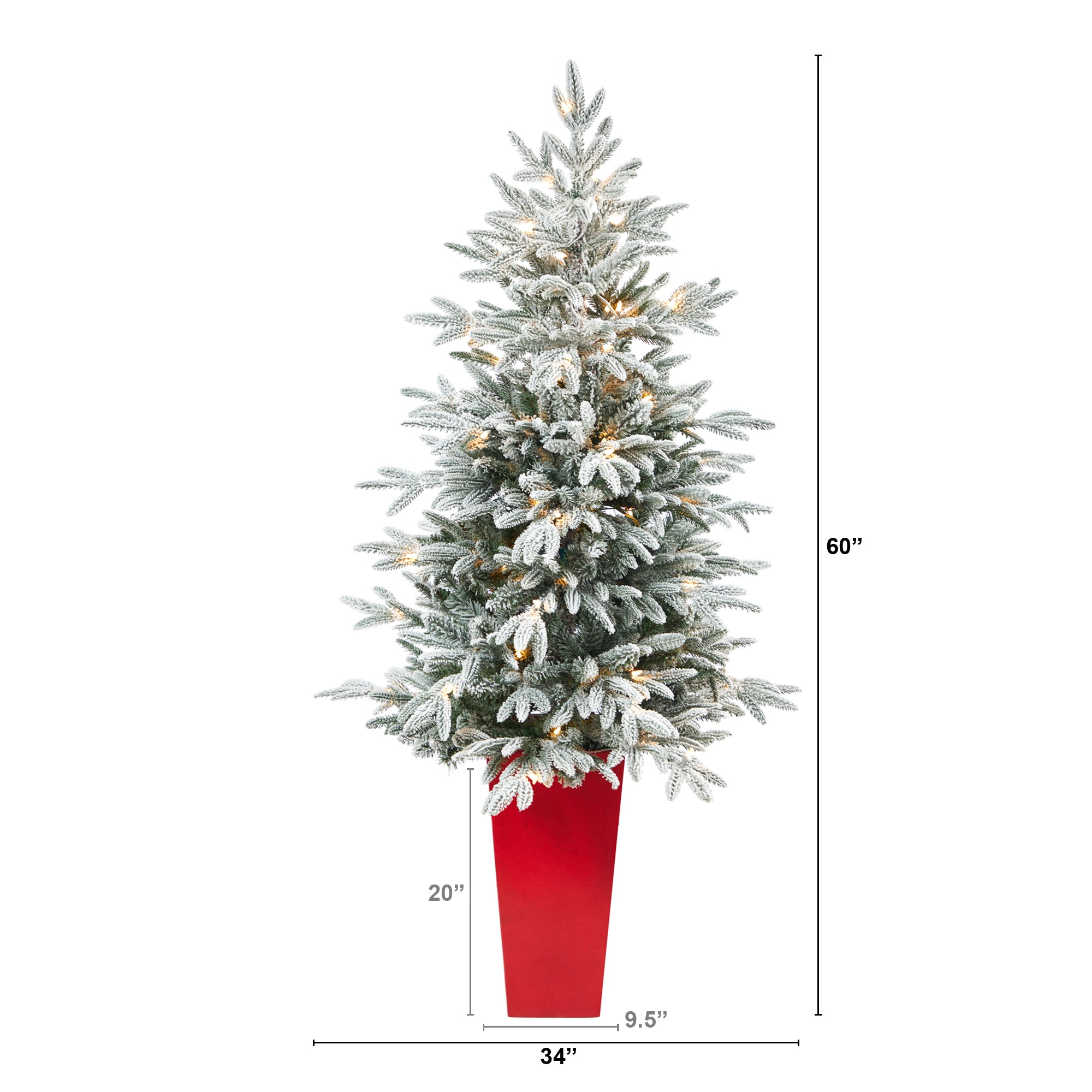 5' Flocked Manchester Spruce Artificial Christmas Tree with 100 Lights and 357 Bendable Branches in Red Tower Planter