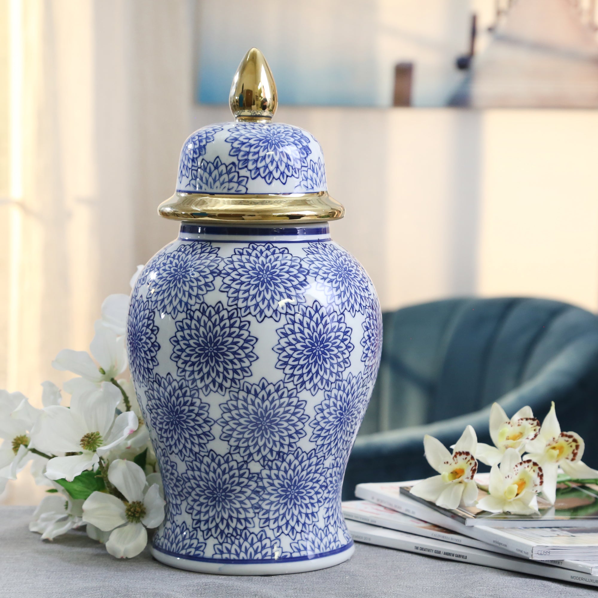 14.5" Temple Jar with Dahlia Flower, Blue & White, Jars